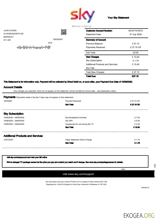 United Kingdom Sky utility bill statement template in Word and PDF format